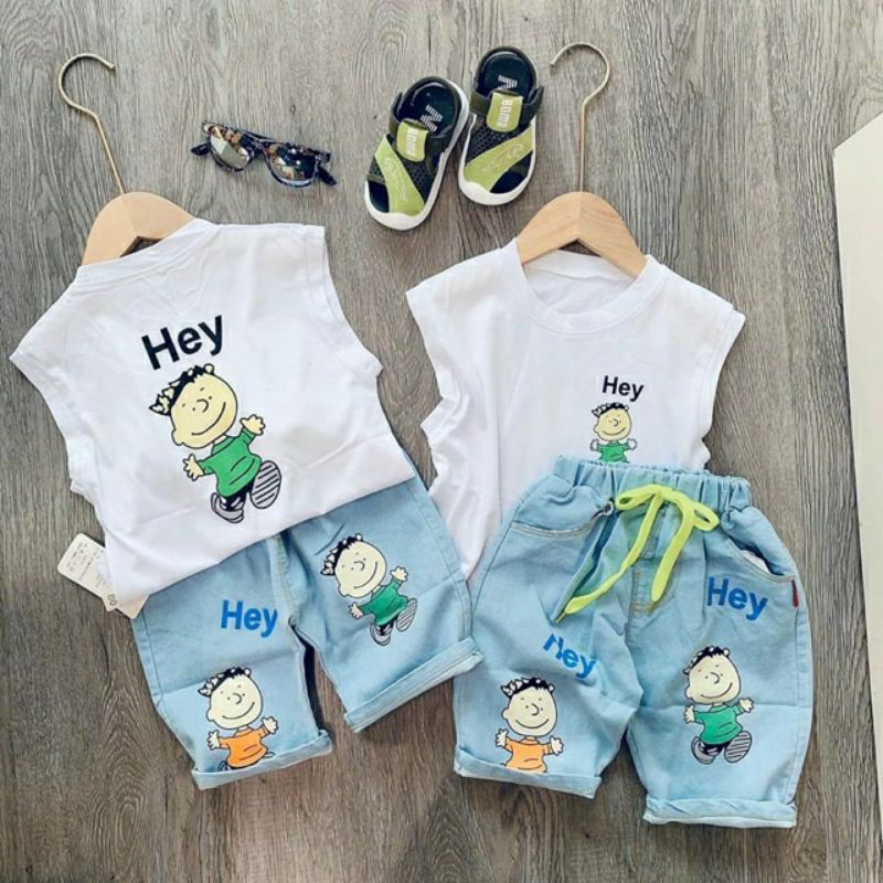 Set áo pull tay hến quần jean bé trai 10-14kg