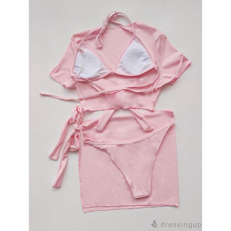 Set 4 món áo ngực + áo croptop + quần lót + xà-rông màu trơn thời trang cho nữ