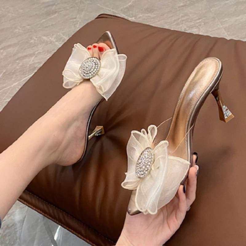 Dép Cao Gót Quai Trong Suốt Đính Nơ Thời Trang Mùa Hè Dành Cho Nữ