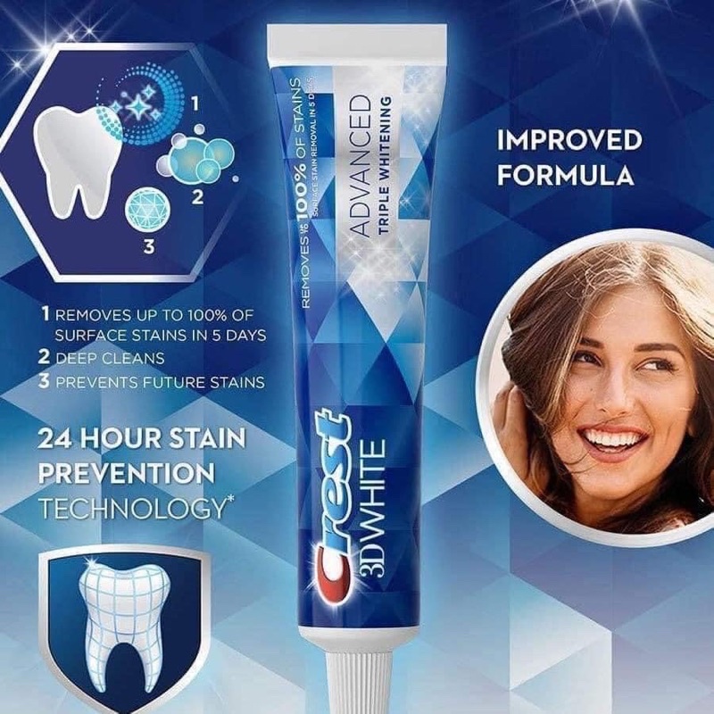 Kem đánh răng Crest 3D white advanced Mỹ tuýp 147g mẫu mới cải tiến