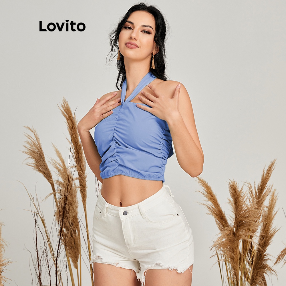 Áo sát nách Lovito xếp nếp màu trơn phối dây buộc phong cách Boho L14E016 (Màu xanh dương) | BigBuy360 - bigbuy360.vn