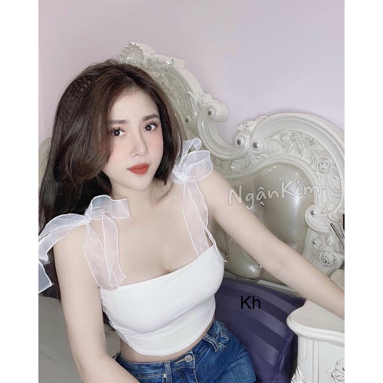Áo kiểu , áo 2 dây croptop ruy băng cột nơ vai cực xinh , chất thun bozip mềm mịn