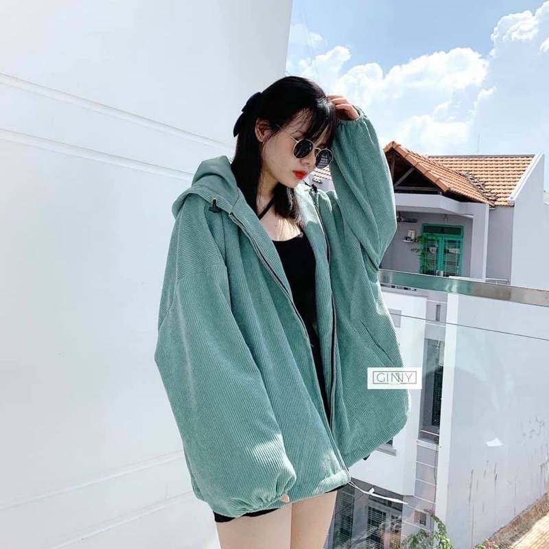 Áo Khoác Nhung Gân Tăm Trơn Tay Bồng Form Rộng Oversize