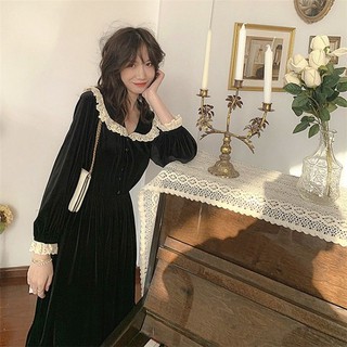 Đầm Nhung Tiểu Thư Cổ Bèo Phối Ren