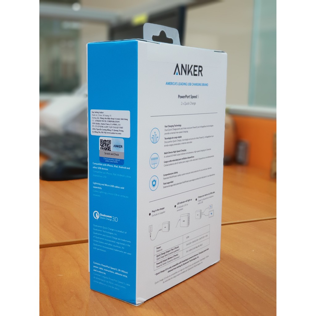 Sạc Anker 5 cổng, 63w, 2 cổng Quick Charge 3.0 - [Powerport Speed 5, 63w, QC 3.0] - A2054 -Hãng phân phối chính thức