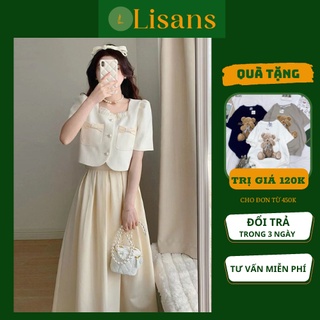 Set váy nữ sang chảnh tiểu thư áo croptop mùa hè Hàn Quốc SVN006