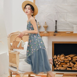 Đầm voan hoa hai dây dáng chữ a dài phong cách hàn quốc thời trang mùa hè 01210