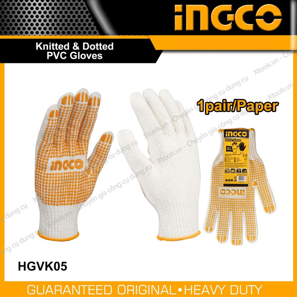 Găng tay bảo hộ lao động dệt kim phủ hạt nhựa PVC INGCO 58g/đôi bao tay cotton thoáng khí chống trơn trượt độ bám cao