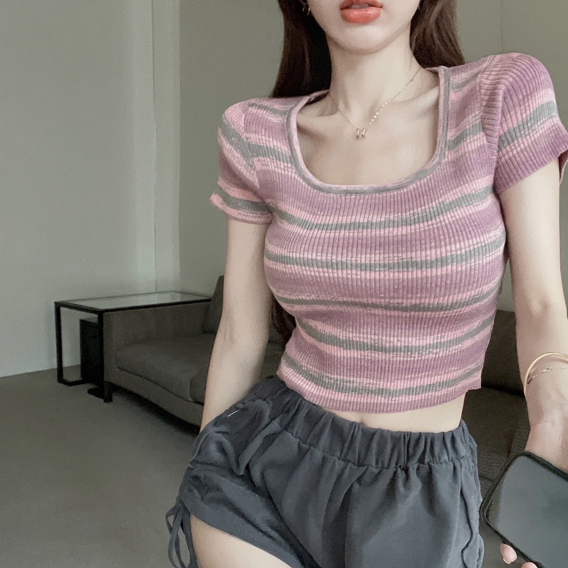 Áo Thun Ngắn Tay Cổ Vuông Họa Tiết Kẻ Sọc Màu Tương Phản Thời Trang Mùa Hè Dễ Phối Đồ Cho Nữ