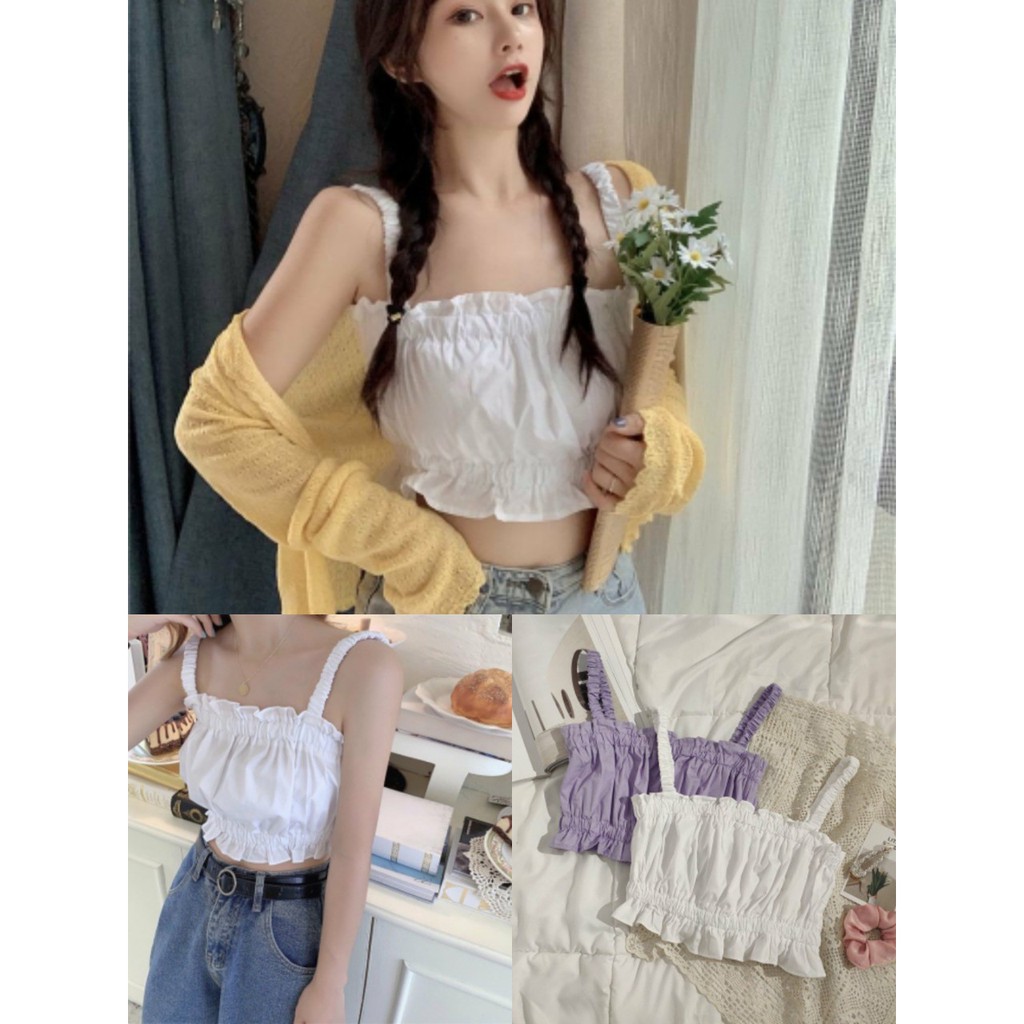 Áo Croptop 2 Dây Đũi ,Áo Dây Thun Nữ Viền Bèo 2 Màu B001