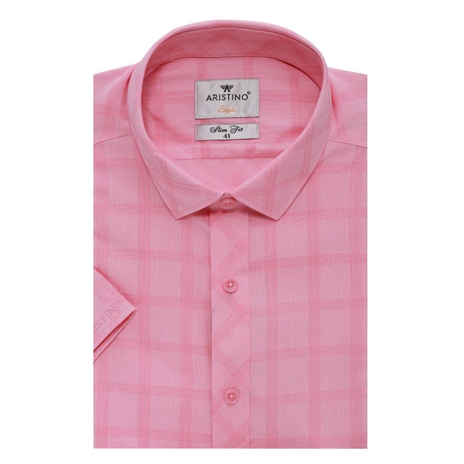 Áo sơ mi ARISTINO ngắn tay sợi tre  mềm mát ,kẻ hồng nổi bật-slim-tà lượn ASS061S8