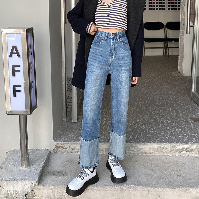 Quần jean nữ ống rộng lưng cao phong cách Hàn Quốc