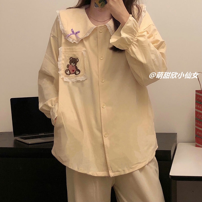 Bộ Đồ Ngủ Tay Dài In Hình Gấu Hoạt Hình Dễ Thương Phong Cách Hàn Quốc Thời Trang Mùa Thu Cho Nữ