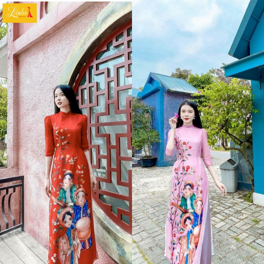 Áo dài lụa Linlee - Áo dài cách tân 4 tà in hình người độc đáo 2 màu hồng, đỏ, size S M L XL Từ 40kg tới 63kg