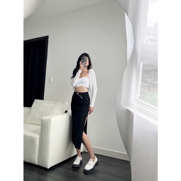 Chân váy jean dài xẻ cá tính đen xám LUCETFASHION Domi Jean Skirt
