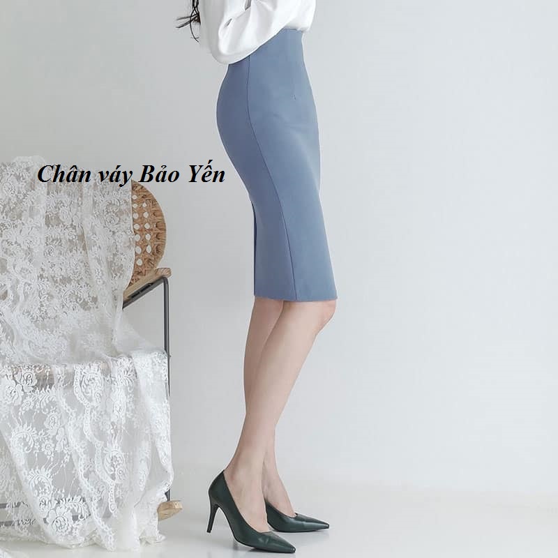 Chân váy bút chì màu xanh ghi đá tới gối  - M60