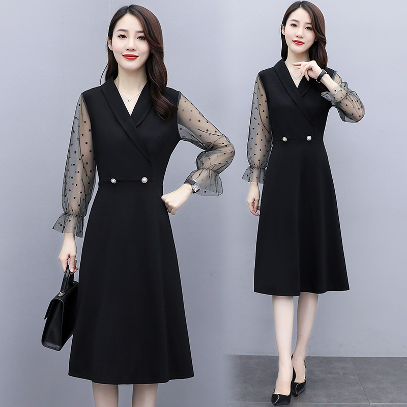 L-5XL Plus Size Women Korean Fashion Dress Casual Loose Long Sleeve Mesh Patchwork Party Midi Dresses