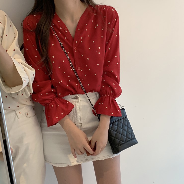 Áo sơ mi nữ kiểu form rộng hoa tiết chấm tim nữ tính phong cách ulzzang Hàn Quốc - Maoshop