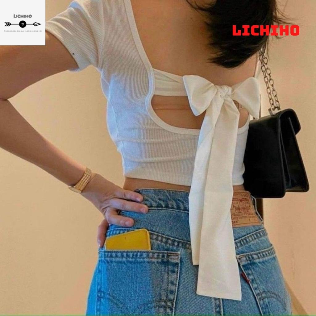Áo croptop cổ vuông buộc nơ sau lưng CT10 LICHIHO áo thun nữ mềm mịn quyến rủ | BigBuy360 - bigbuy360.vn