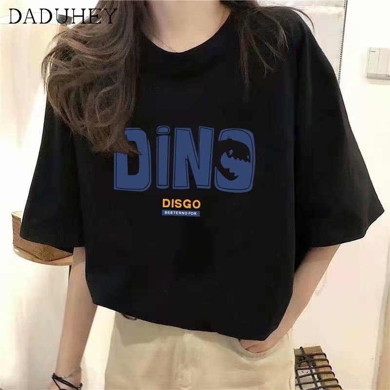 DaDuHey💕 White Shoulder Short Sleeve T-shirt Women's Trendy Summer 2021 New Loose Harajuku Style Half Sleeve Top Printed Tee