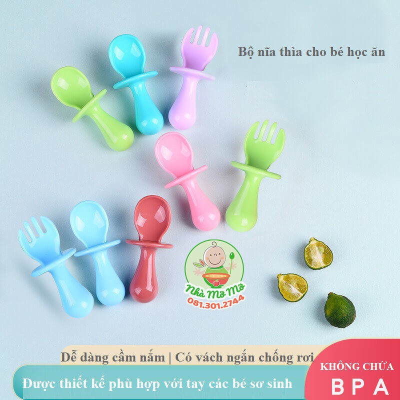 Thìa Dĩa Cán Ngắn - Muỗng nĩa cán Ngắn Tập Xúc Cho Bé Ăn Dặm - Nhà Mỡ Mỡ