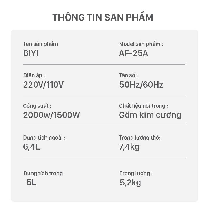 Nồi chiên không dầu điện tử 6.4 lít BIYI AF25A Chính hãng - Chống dính cao cấp, Kiểm soát nhiệt độ - BH 12 tháng