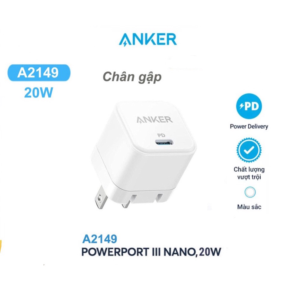 CHÍNH HÃNG [GIAO HÀNG NHANH] Củ sạc nhanh Anker A2149 PD 20w (chân gập)