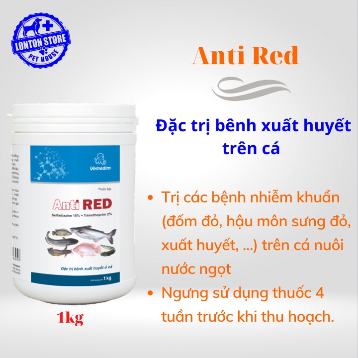 VEMEDIM Anti red cá, dùng cho cá nuôi nước ngọt bị nhiễm khuẩn đốm đỏ, sưng đỏ, gói 1kg Lonton store