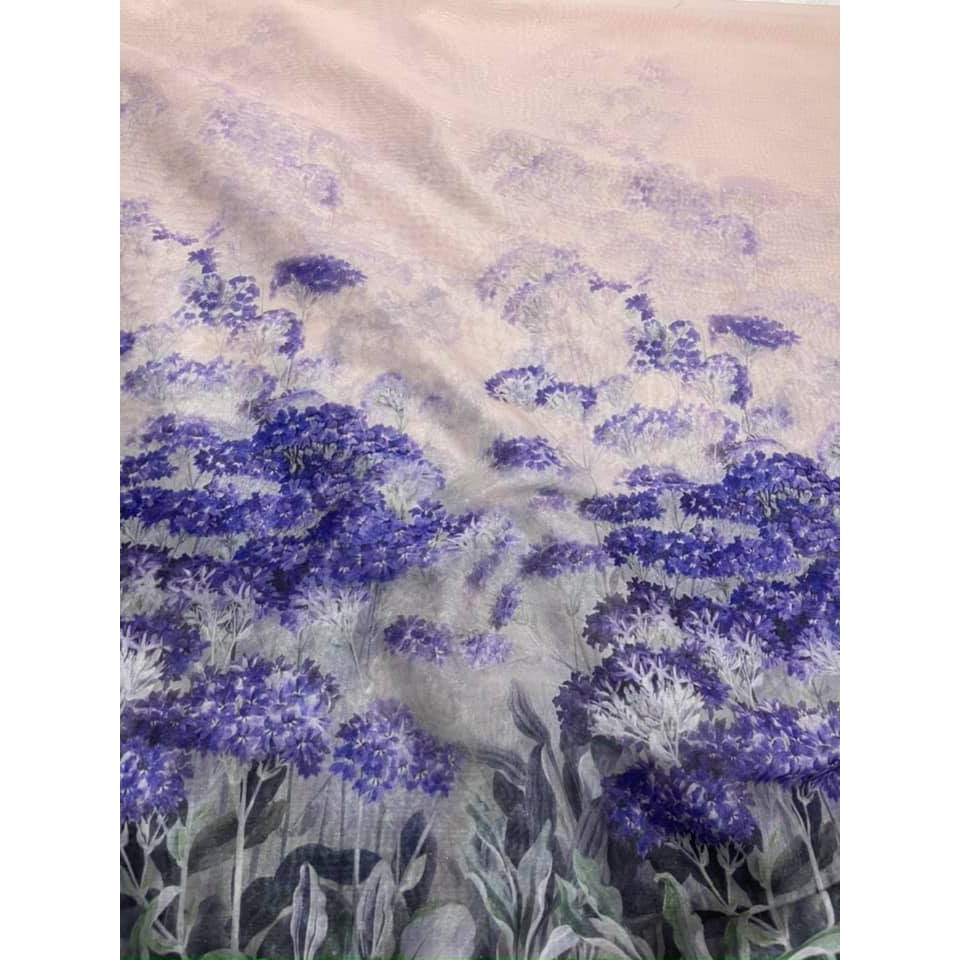 Vải voan tơ óng hoa chân 2 đầu biên tím lavender
