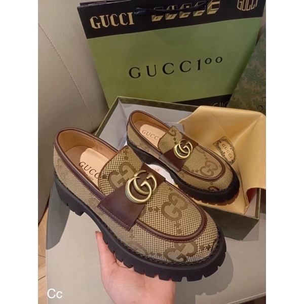 Giày moca gc mũi tròn đai logo ngang đế cao fullbox