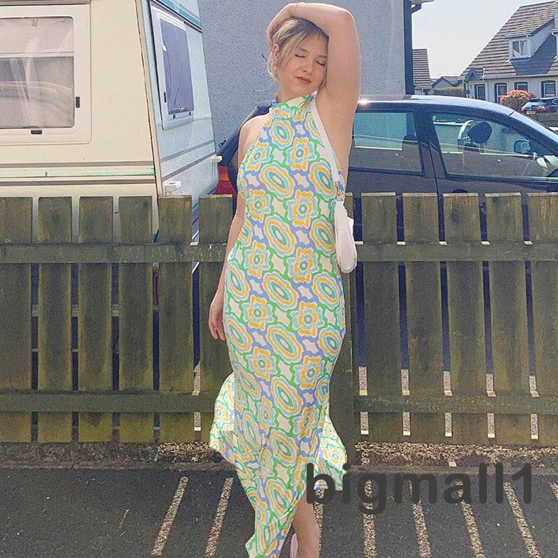 Bigmall-đầm Maxi Cổ Đứng Mỏng Mùa Hè Họa Tiết In Xẻ Tà Màu Xanh Lá Cây (Một Mảnh)