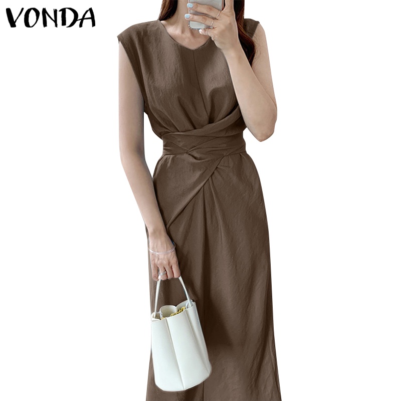 Đầm VONDA dài xếp ly cổ tròn không tay màu trơn dành cho nữ