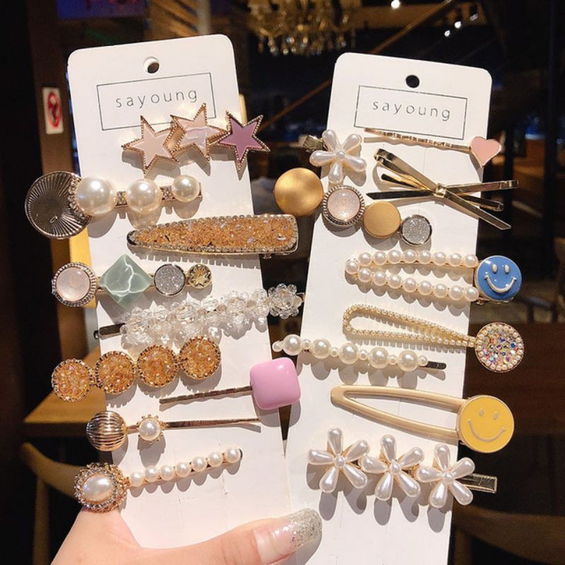 Set 3-5 kẹp tóc kim loại đính hạt kèm túi đựng