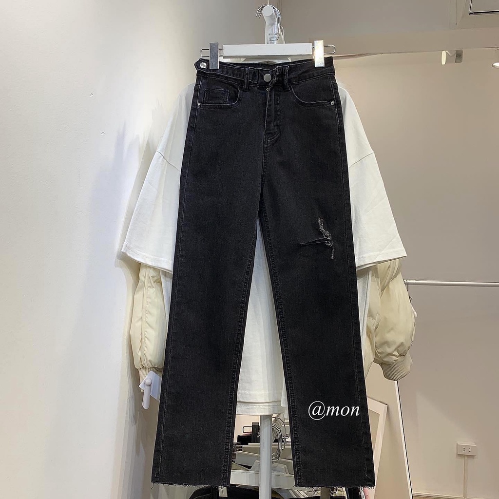 201058 Quần boots cut jeans ulzzang cho nữ form ôm loe nhẹ tôn dáng màu đen có rách | BigBuy360 - bigbuy360.vn