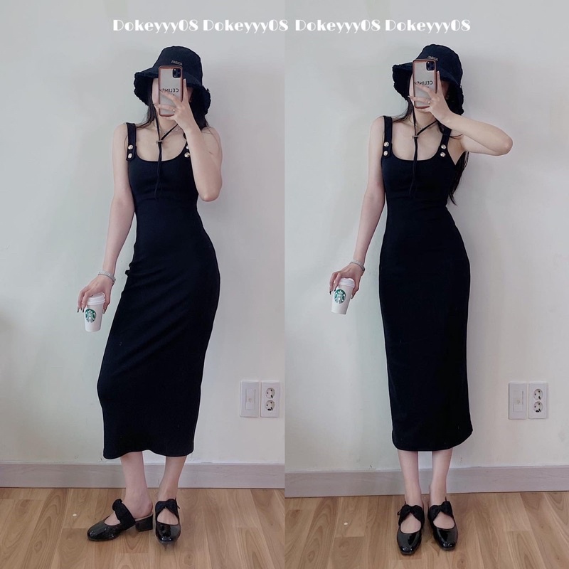 Set váy body khuy vai dáng dài co giãn