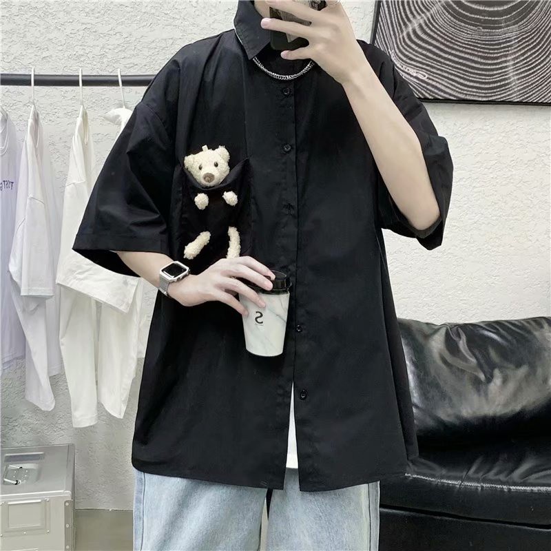 Áo sơ mi nam tay ngắn in hình gấu độc đáo dễ phối đồ