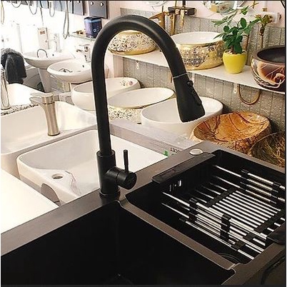 Bộ Chậu rửa chén bát INOX 304 cao cấp 1 hố cỡ 75x46cm, công nghệ NANO GHI ĐEN chống trày xước, dễ vệ sinh - QM.CR003