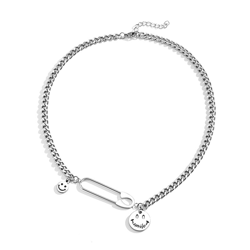 Dây chuyền sợi xích hình mặt cười và ghim băng chất liệu thép titan phong cách hip hop thời trang cho nam và nữ 22785