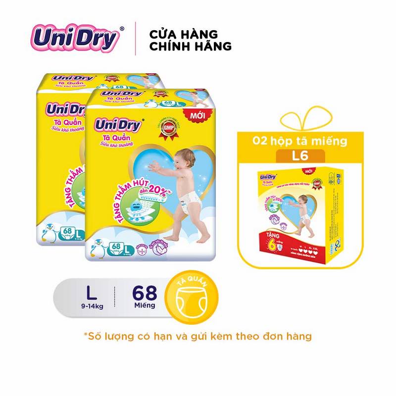 Combo 2 tã quần Unidry siêu khô thoáng gói Super Jumbo M74/L68/XL62/XXL56