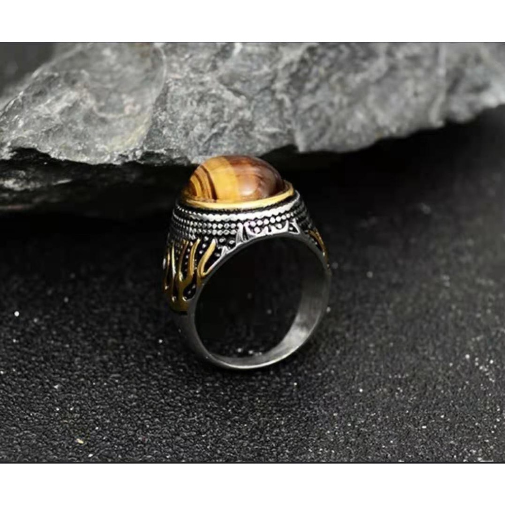 Nhẫn kim loại đính đá mắt hổ nhân tạo phong cách Âu Mỹ mới sang trọng cho nam và nữ