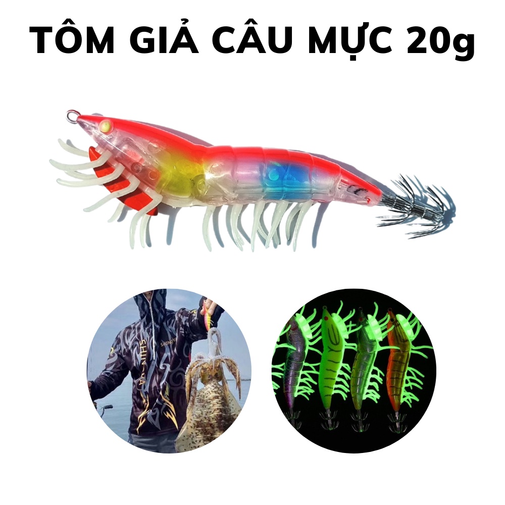 Mồi tôm câu mực có chân dạ quang nặng 20gam, mồi giả câu mực nhật dùng để câu các loại mực biển mực ống lá