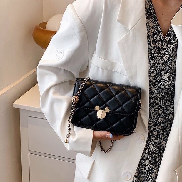 Túi dây xích hộp vuông Khóa mickey túi đeo chéo mini trần trám cao cấp đi chơi đi làm