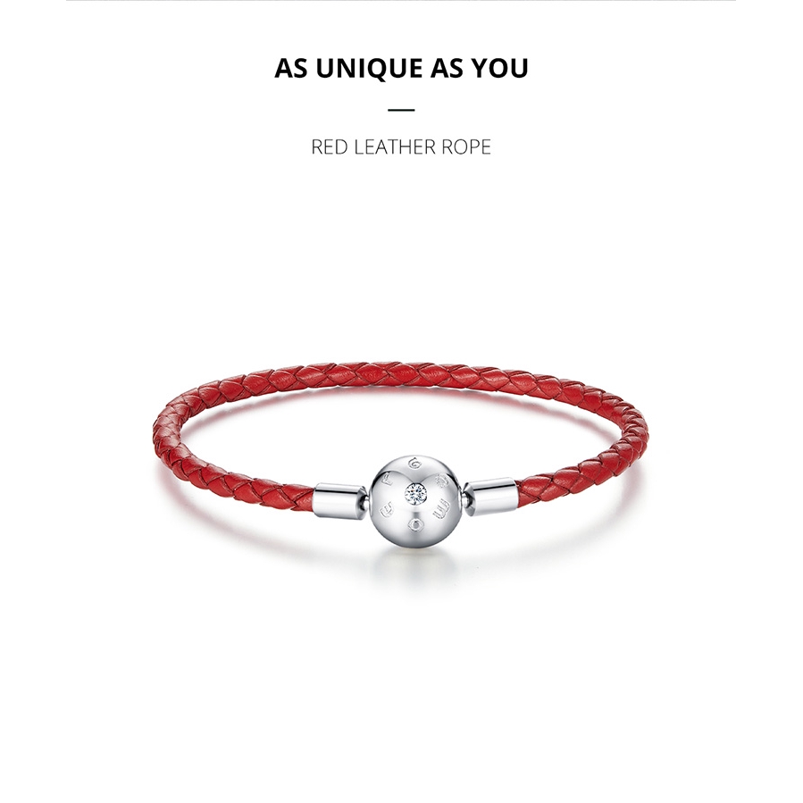 Vòng tay dây da bện đỏ Bamoer BSB042 mặt hình quả cầu tròn