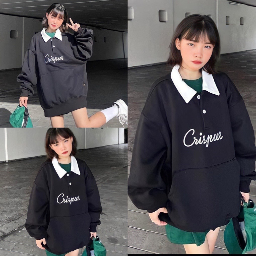 Áo Sweater Nỉ Unisex Cổ Polo CRIS Tay Phồng Túi Trước Áo Nỉ Polo Nam Nữ Cổ Bẻ Freesize Form Rộng