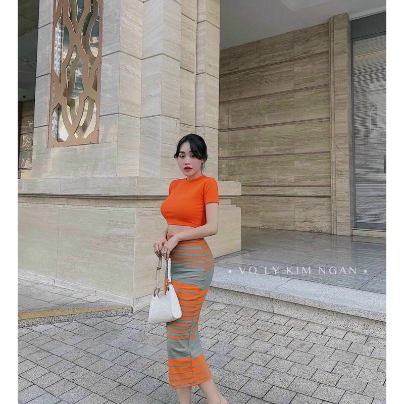 Sét Cv -Sọc nữ tính hai màu Đen-Cam