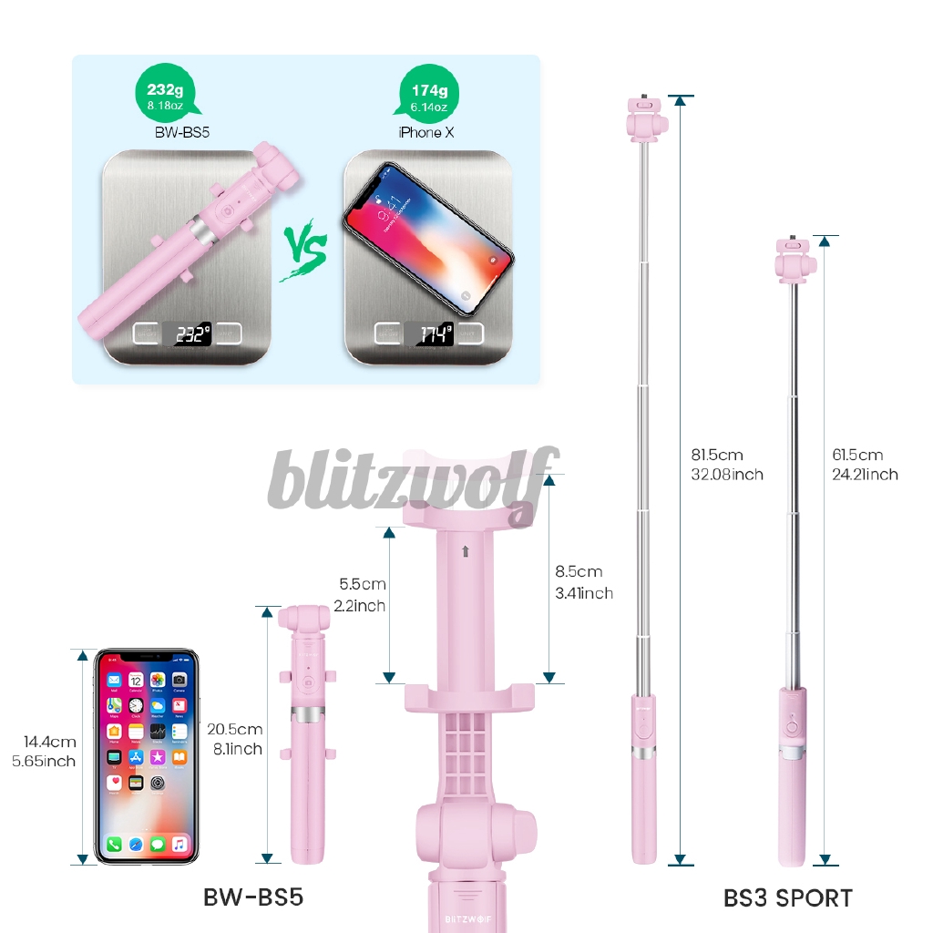 Gậy Chụp Ảnh Selfie Bltzwolf Bw-Bs5 4 Trong 1 Kết Nối Bluetooth 810mm Có Nút Bấm Từ Xa | BigBuy360 - bigbuy360.vn