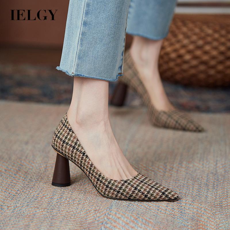 Giày cao gót IELGY mũi nhọn họa tiết houndstooth thời trang retro Pháp màu sắc cho nữ