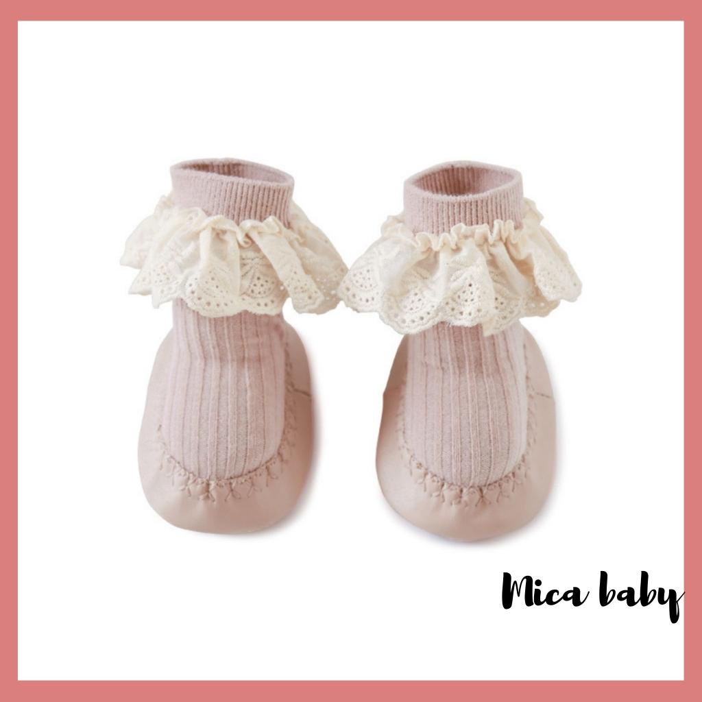Giày tất tập đi chống trơn trượt viền ren đáng yêu cho bé Mica baby T07