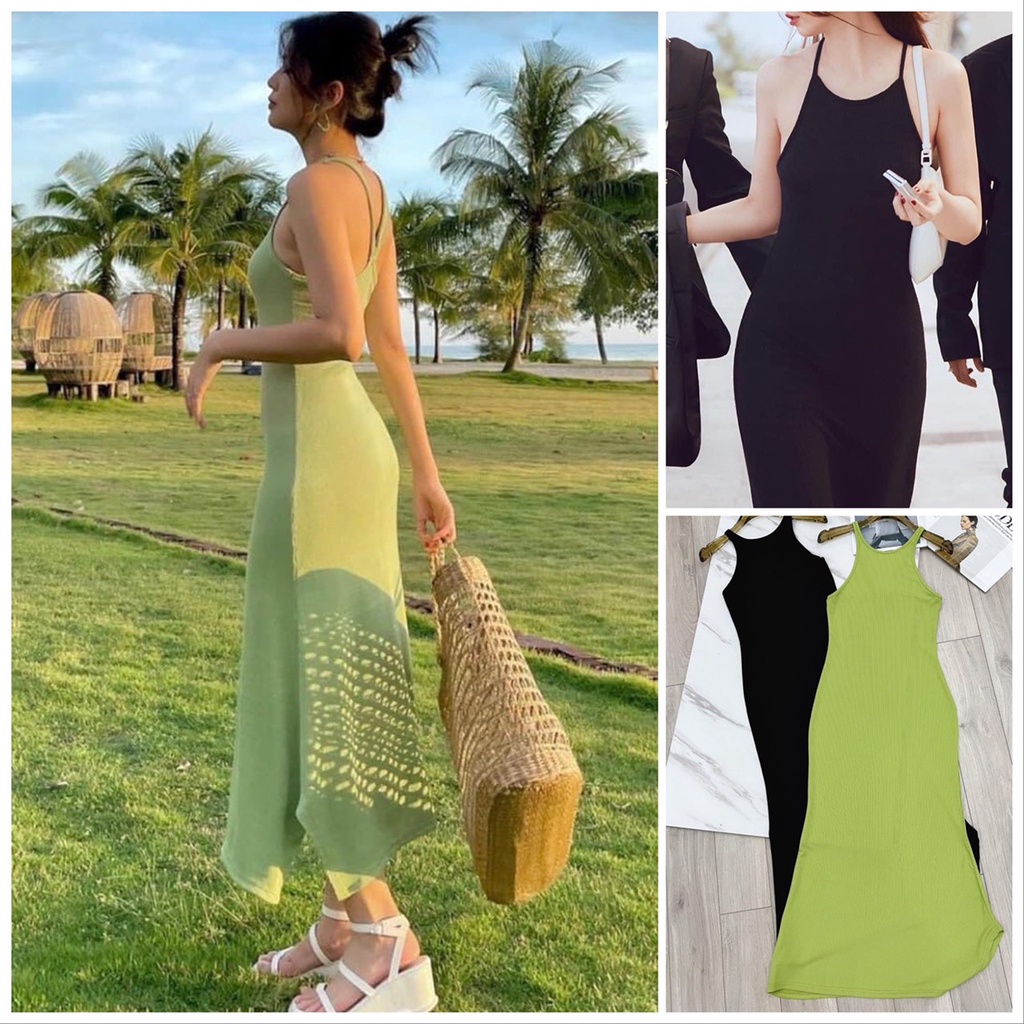 Đầm Body Cổ Yếm Dáng Xòe Form Dài Qua Gối