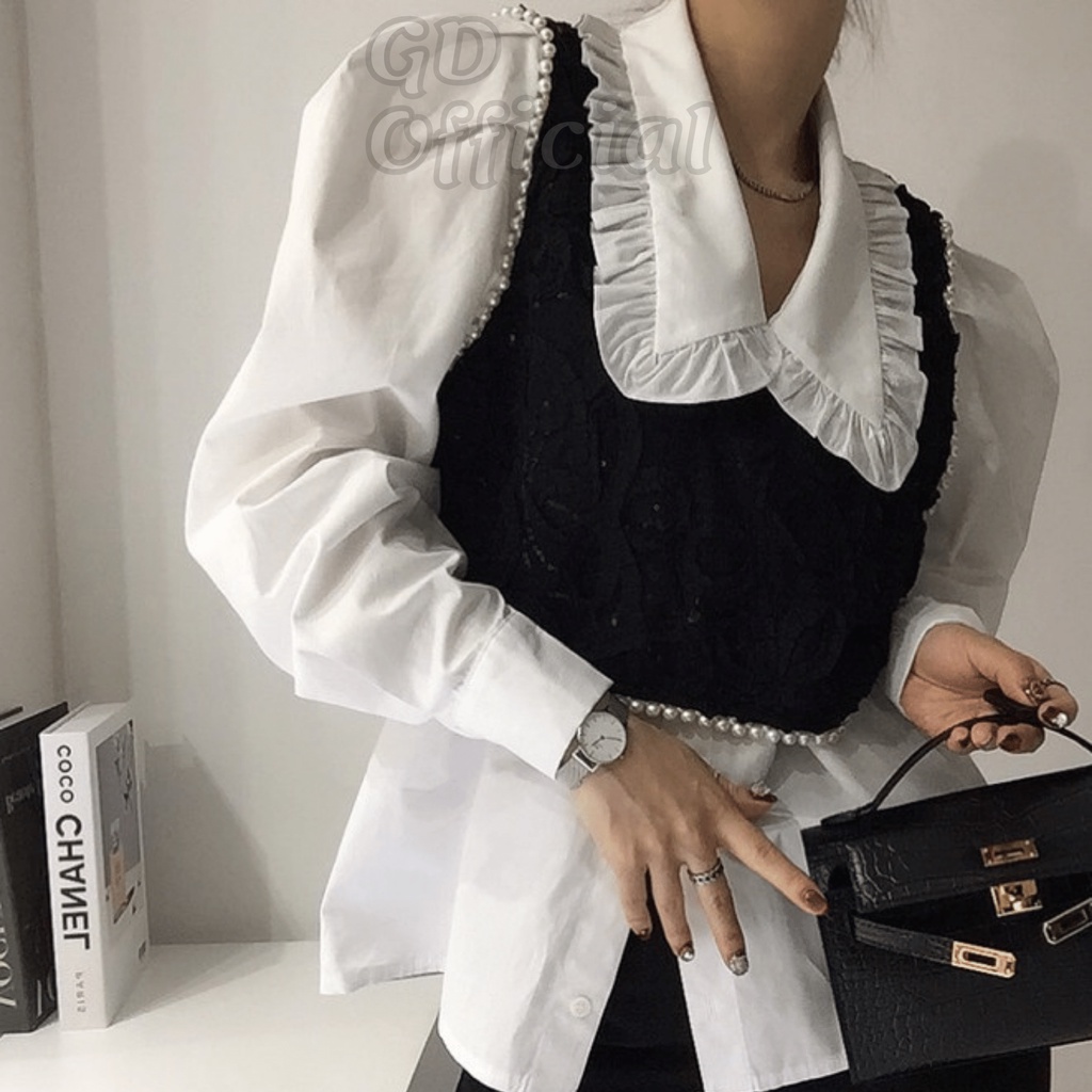 A24|Áo sơ mi Hàn quốc công sở cá tính kèm gile dáng croptop trắng đen cho nữ gd_order